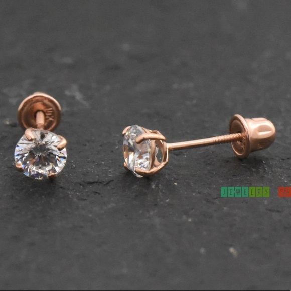 Jewelry Season Jewelry - Jewelry Season 14K Rose Gold Clear CZ Round Basket Stud Earrings with Screw Back